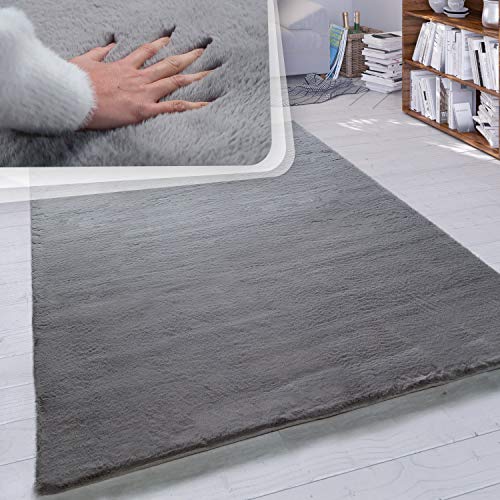 Paco Home Hochflor Teppich Wohnzimmer Schlafzimmer Shaggy Modern Flauschiger Fellteppich Weich Fell Imitat Kunstfell Einfarbig, Grösse:60x90 cm, Farbe:Anthrazit