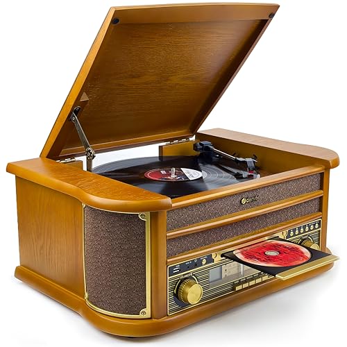 Denver MCR-50 Retro Musikanlage mit Plattenspieler mit Lautsprecher, Braun - Schallplattenspieler mit USB, Kassette & CD Support