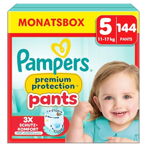 Pampers Premium Protection Pants Größe 5, 144 Windeln, 11kg-17kg, Mit 360° Passform und 2x breiteren Bündchen als vorher für unseren besten Komfort & Schutz