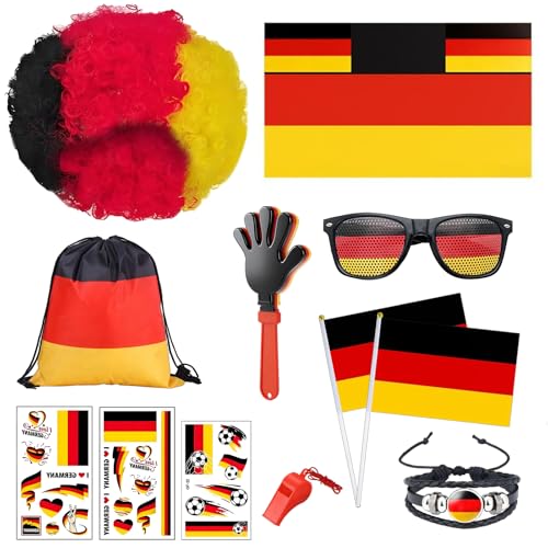Deutschland Fanartikel WM 2026, Deutschland Fanartikel Set mit Cape-Flagge, Germany Perücke, Handfahnen, Brille, Fan-Rucksack für Public Viewing, Stadion, EM, Fußballparty & Weltmeisterschaft Parade