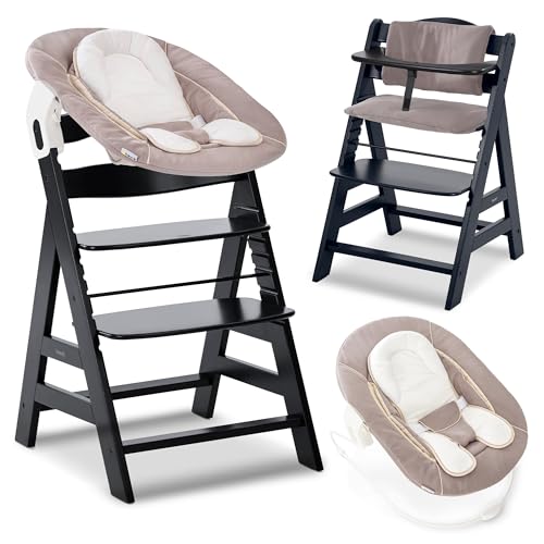 hauck Hochstuhl Alpha+ Newborn Set mit 2in1 Bouncer - Mitwachsender Holz Babyhochstuhl ab Geburt, inkl. Sitzauflage & Neugeborenenaufsatz - Schwarz