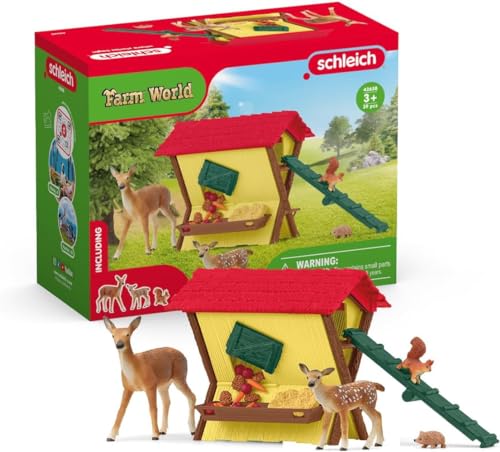SCHLEICH Farm World | Fütterung der Waldtiere 42658 | Spielset mit Rothirschkuh, Kalb, Igel, Eichhörnchen & Zubehör | realistische Waldtiere für Kinder ab 3 Jahre | 39 Teile