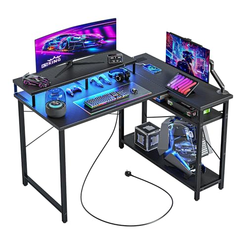 CubiCubi L-förmiger Schreibtisch, 105x80cm Gaming Tisch mit LED & Steckdosen, Wendbarer Eckschreibtisch, Computertisch mit Monitorständer für Home Office, Spielen, Studium, Schwarz