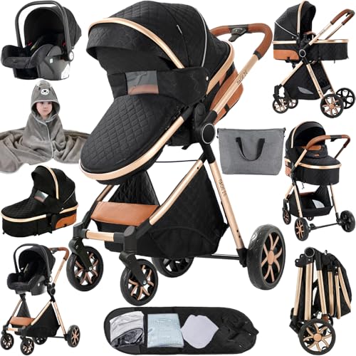 Sianldcone Kinderwagen 3 in 1, Hochwertige Stoffe Kinderwagen Set, Zwei-Wege-Schiebefunktion Reisesysteme, Offene Sicht Kombikinderwagen 3 in 1 Komplettset (V9 Black)