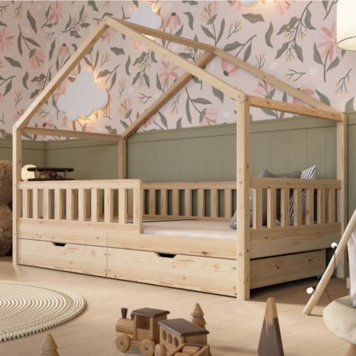 Crazy Pine Montessori Hausbett mit Schubladen Crazy House 120x200 cm -Natur