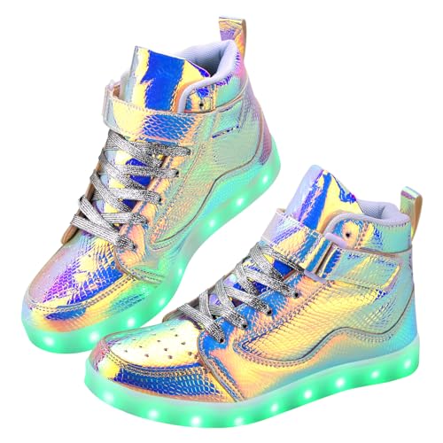 Qimaoo Leuchtende Schuhe für Herren und Damen, LED-Schuhe, USB-aufladbar, für Erwachsene, leuchtende Schuhe, hohe Oberseite, leuchtet im Dunkeln, für Tanzen, Party, Festivals, Geprägtes Silber, 12