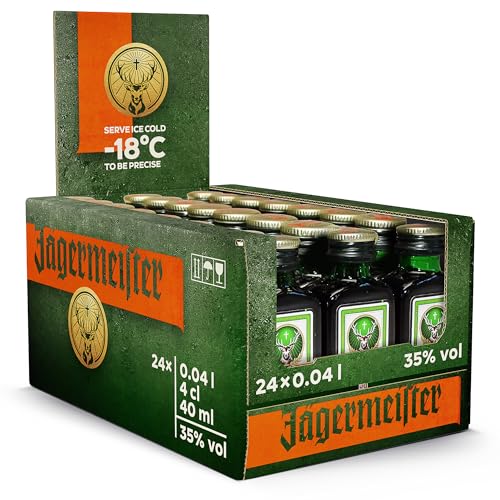 Jägermeister – 24 x 0,04l Premium Kräuterlikör Shots 35% Vol. als Party Geschenk – Aus 56 erlesenen Kräuter – Im Eichenfass gelagert – Das Original aus Wolfenbüttel