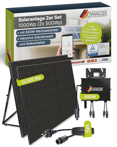 SCHWAIGER Balkonkraftwerk 2er Set mit Full Black Solarpanels 1000Wp I 2×500Wp Solarmodule inkl. Alu‑Ständer, 800W WiFi‑Wechselrichter & 5m Kabel I Plug & Play Solaranlage für Balkon & Garten