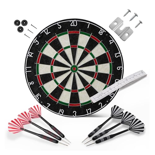 Amazon Basics Dartboard Set mit 6 Stahlspitzen-Dartpfeilen - Selbstheilende Sisalfasern, Dünnes Drahtspinnendesign, Komplettes Montageset, 45,7cm, Schwarz
