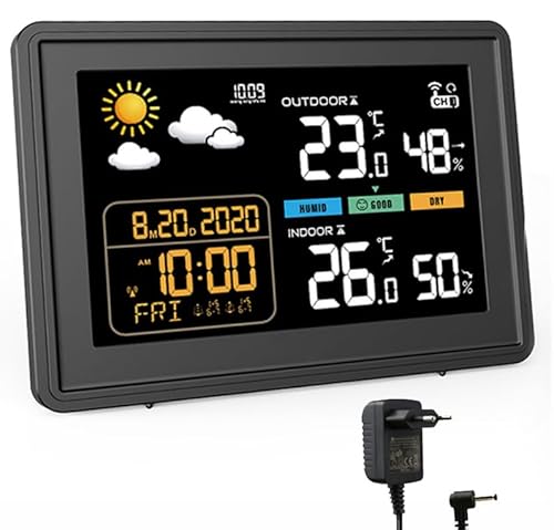 2025 Versionen 5,9 Zoll Wetterstation funk mit Außensensor VA-Display Kabellos DCF Funkuhr Wetter station mit Farbdisplay Empfangssignal Funkuhr Innen und Außentemperatur mit DC Netzteil Schwarz