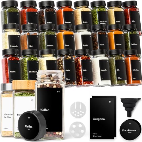 KIVY Gewürzgläser mit Streueinsatz - 24x 120ml + 240 Etiketten - Luftdicht