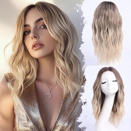 YaissmyLu Mittellange Ombre Blonde Wellige Perücken Ash Dirty Blonde Mittelscheitel Synthetische Haar(45 cm)