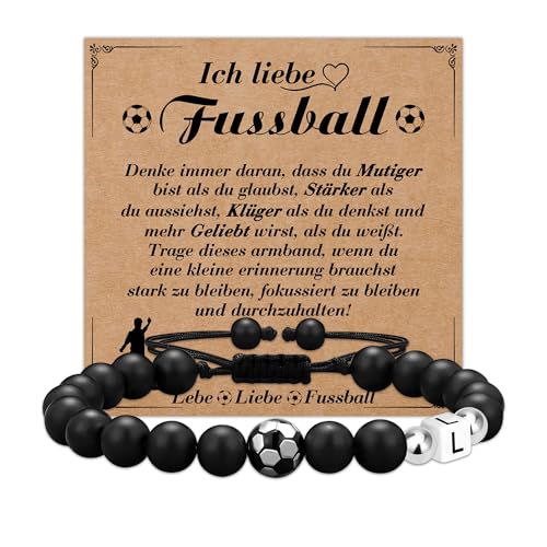 Casxyue Fussball Geschenke Jungen Fußball Armband mit Anfangsbuchstaben Anhänger Fußballfan Geschenke Naturstein Fußball Armband für Sohn Bruder Geburtstagsgeschenk Weihnachtsgeschenke für Junges (L)