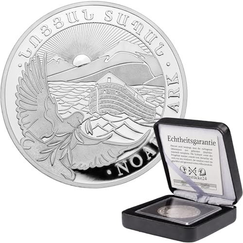 Silbermünze Arche Noah | Aktueller Jahrgang | Feinsilber 999 | Verschiedene Größen zur Auswahl | In Münzkapsel & schwarzem Etui | Inkl. Grußkarte | Geschenk zur Taufe & Taufmünze (1/2 oz)