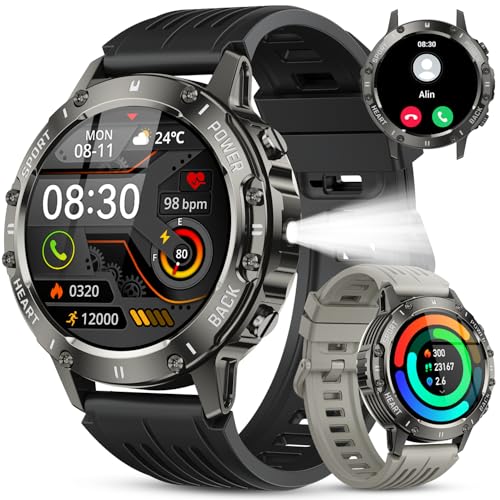 Militär Smartwatch Herren Fitnessuhr mit Telefonfunktion: Wasserdicht Armbanduhr Fitness tracker Bluetooth Anruf Smart Watch mit Herzfrequenz Schlafmonitor Sportuhr Schrittzähler Uhren für Android iOS