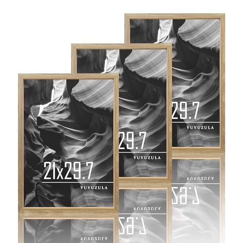 VUVUZULA Bilderrahmen A4 Holzrahmen Holz 21x30cm Fotorahmen Eiche 3er Set MDF Rahmen DIN A4 für Urkunden Natur