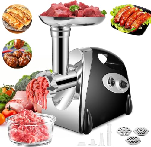 SINZUX Elektrischer Fleischwolf und Wurstmacher, 2800 W Fleischwolf und Wurststecker, Rotiert Vorwärts und Rückwärts, mit 3 Verschiedenen Schneidplatten, Wurst und Kubbe Set (Schwarz)
