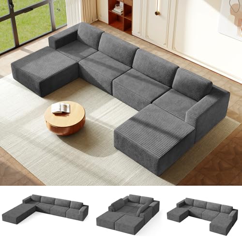 Vesgantti 404 cm Groß Modulares U-förmiges Ecksofa mit Schlaffunktion, 4‑Sitzer Cordsofa mit Federkern, Extra Tiefe Sitzfläche, Boneless Schlafcouch, Für Wohnzimmer, Ohne Montage, Grau