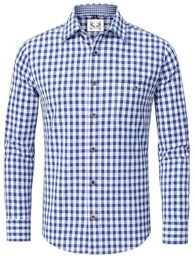 Trachtenhemd Herren Oktoberfest Hemd Kariertes Hemd Outfit Langarm Trachten Hemden Tracht Blau Trachtenhemden Kurzarm Karohemd Freizeithemd Baumwolle XXL