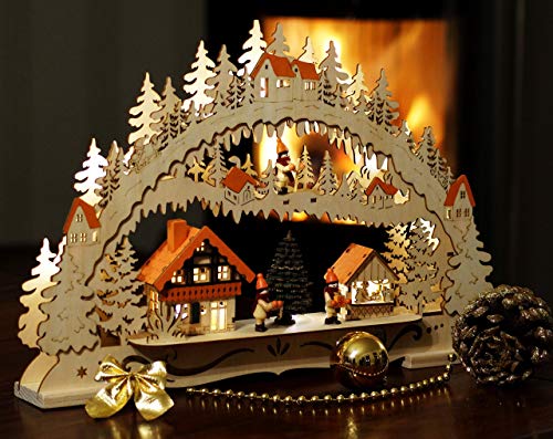 Wichtelstube-Kollektion Holzkunst LED Schwibbogen Weihnachtsmarkt Schwippbogen Lichterbogen, Weihnachtsdeko Fensterbank Echtholz, Batteriebetrieben mit Timer, 44cm Breite…