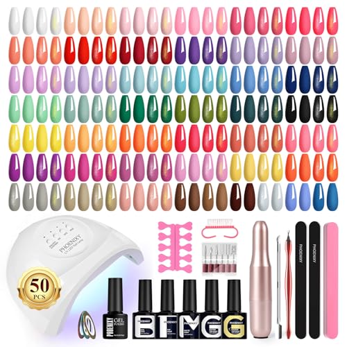 Phoenixy 45 Farben Gel Nägel Set mit 48W Nagellampe 50 Stück UV Nagellack Set mit Elektrische Nagelfräser Base und Top Coat Gelnägel Starterset Geschenke für Frauen