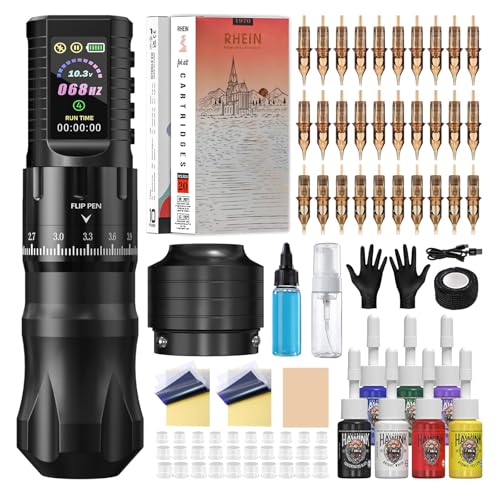 HAWINK Wireless Tattoo Maschine Set mit 1800mAh Akku Normal/Stippling-Modus 7 einstellbare Striche 30PCS Cartridges Nadeln 7 Tattoo Inks for Anfänger und Künstler HW-TK1003EU-1