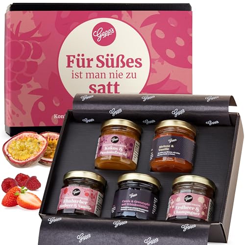 Gepp's Feinkost Frühstück Marmeladen Set I Mini Konfitüren in verschiedenen Geschmacksrichtungen I Geschenk mit Spezialitäten wie Mango Ingwer Erdbeer & Champagner Fruchtaufstrich zu Weihnachten
