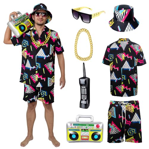 YQVGFBY 80er 90er Jahre Outfit Herren Retro Shirts und Shorts Set, Hip-Hop Strand T-Shirts und Shorts, Jogginganzüge, Badass-Kostüme, Faschingskostüme, Karnevalskostüme (Schwarz, L)