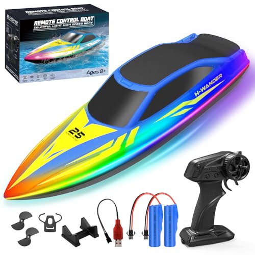 WUQNGI Ferngesteuertes Boot mit 2 Batterien, RC Speedboot für Kinder & Erwachsene, High Speed Motorboot ab 6 Jahre, Wasserboot mit LED-Licht, 2,4 GHz Rennboot Spielzeug Geschenk für Pool Meer Seen