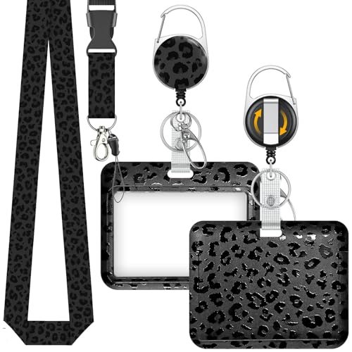 Uniclife Modischer Schiebe Ausweishalter Horizontaler Schwarz Leopard Kartenhalter Plastik Ausziehbar Schlüsselanhänger Abnehmbare Lanyard Strap geprägte Karte Schutz krankenschwester Frauen Lehrer