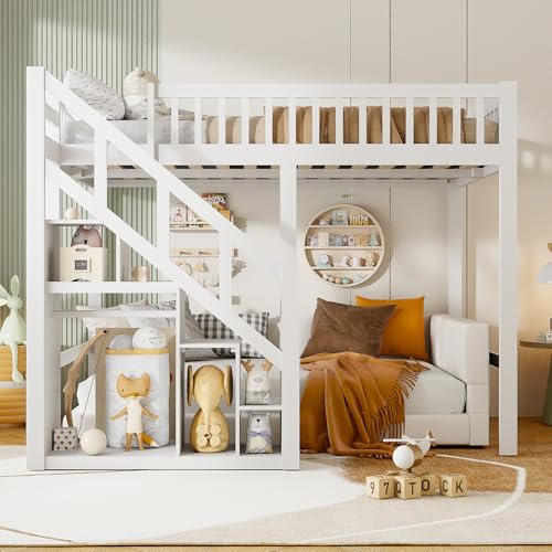 Hochbett für Kinder, 90 x 200 cm, Hochbett für 1 Sitzer, mit Stauraum, Kinderhöhe, multifunktional, Kinderbett mit Treppen und Fächern, Fallschutz (Stil 5-1, weiß)