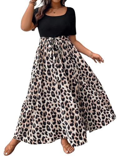 SweatyRocks Damen Kleid Große Größen Leopardenmuster Kleider Langes Sommerkleid Kurzarm Maxikleid Curvy A Linie Damenkleider Boho Casualkleid Leo 4XL