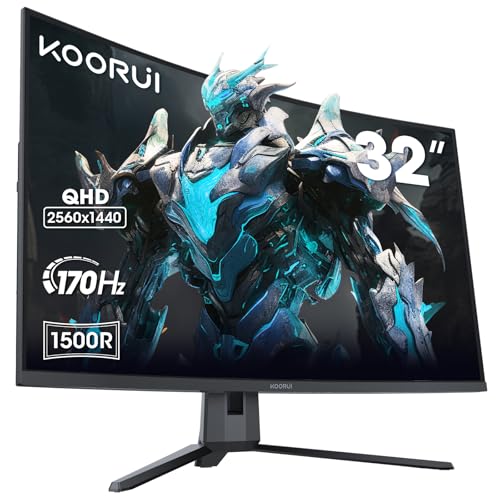 KOORUI Curved Gaming Monitor 32 Zoll, UltraWide QHD 2560x1440P 170Hz 1500R VA Panel Bildschirm, Adptivesync HDR 10 HDMI DisplayPort, Neigungsverstellbar, Augenpflege