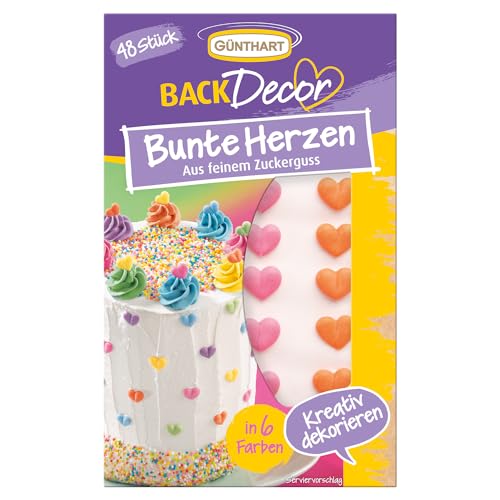 Günthart BackDecor 48 süße bunte Zuckerherzen in sechs verschiedenen Farben, Herzen aus Zucker in grün, blau, lila, gelb, rosa und orange