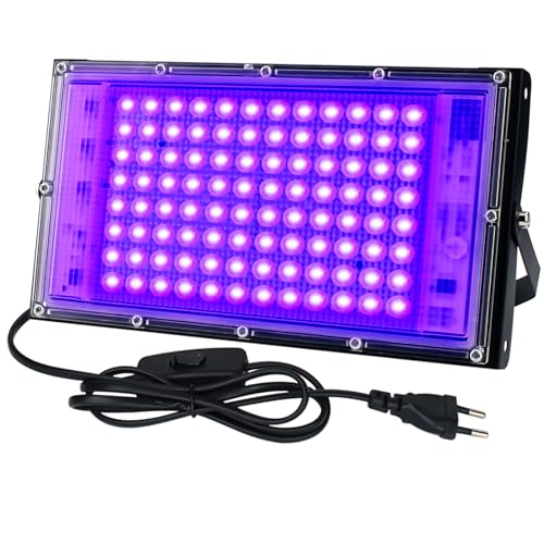CREATESTAR UV Schwarzlicht Strahler 100W, LED Schwarzlichtlampe IP65 Wasserdicht UV Fluter mit Stecker, Flutlicht für Glow Party, Bar, Disco, Blacklight Party (1 Stück)
