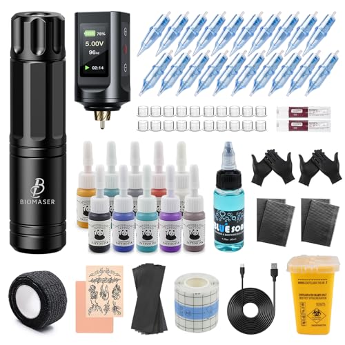 Biomaser Kabelloses Maschine Set mit 1900mAh Battery Drahtloser Rotary Stift Maschine 20 Cartridges Nadeln 10 Tintenflaschen Komplette Zubehörteile für Anfänger und Künstler