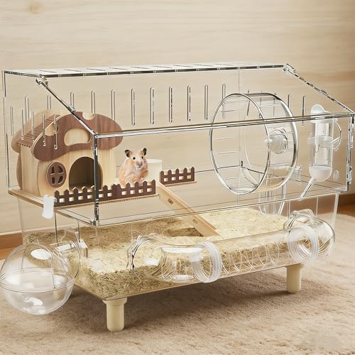 Hamsterkäfig, Nagerkäfig, Kleintierkäfig, Trainingshaus, Acryl, transparent, tragbarer Aufbewahrungs-Spielplatz, Hamster-Rad-Gehege für Zuhause, Reisen, 43 * 30 * 34cm
