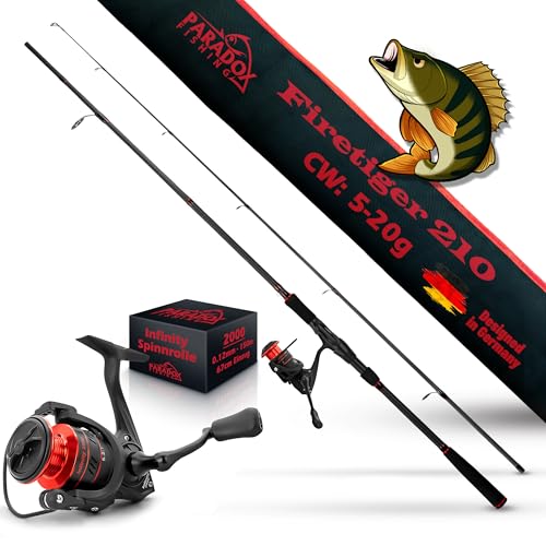 Paradox Fishing Firetiger Spinnrute mit Rolle I 2,1m 5-20g mit 2000 Rolle I Spinnruten perfekt für Barsch Rute