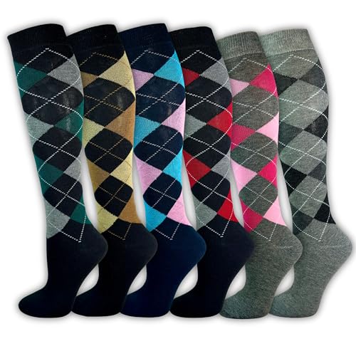 Kniestrümpfe Damen Strümpfe (6 Paar) Reitsocken Reitstrümpfe Damenstrümpfe Komfortbund Baumwolle Damensocken Karo Atmungsaktiv (DE/NL/SE/PL, Numerisch, 35, 38, Regular, Regular, Bunt)