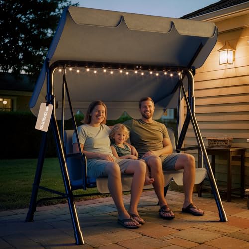 Soontrans Hollywoodschaukel 3-Sitzer für Entspannte Nachmittag im Garten, Gartenschaukel mit Polsterauflage & Verstellbarem Sonnendach, aus Stahlgestell & Textilene-Gewebe (175.5 x 110 x 152 cm, Grau)