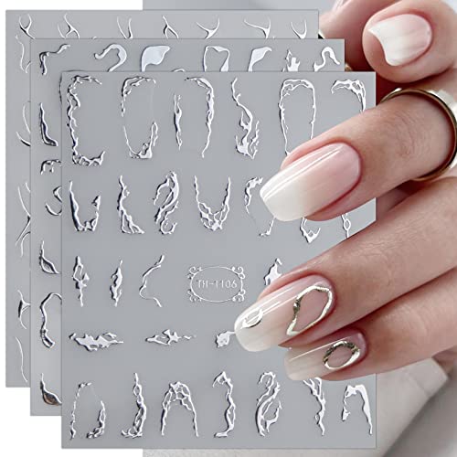 JMEOWIO Nagelsticker Marmor Linie 9 Blatt Nail Art Sticker Selbstklebend Nagelaufkleber Silber Bunt Dekoration Nageldesign Zubehör
