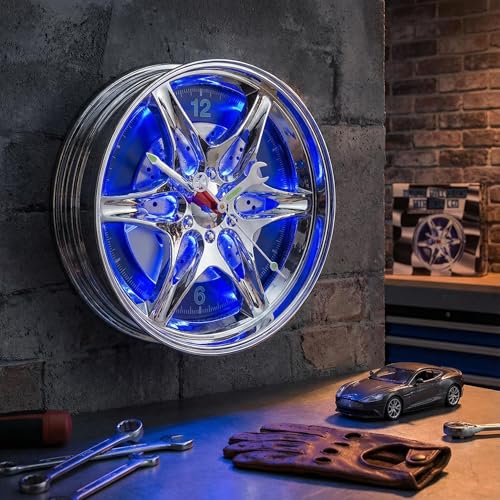 MIJOMA Wanduhr im Felgen-Design Ø 27 cm – Felgenuhr mit sportlichem Look für Auto-Fans – Kunststoff-Wanduhr mit Felgenoptik – für Wohnzimmer Garage Werkstatt Deko