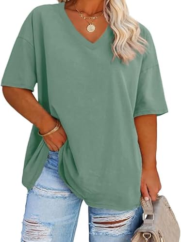 Fisoew Damen Große Größen T-Shirt Halbarm Shirt mit V-Ausschnitt Sommer Lose Basic Oberteil Oversize Kurzarm Baumwolle Tee Tops(Grün, 3XL)