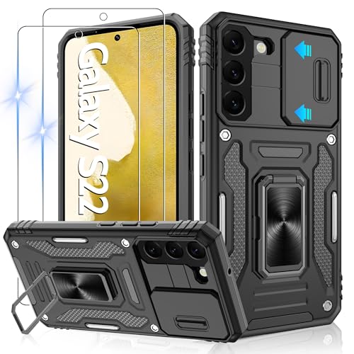 Jshru Handyhülle für Samsung Galaxy S22 Hülle Kameraschutz mit 2 Stück Schutzfolie Militärstandard Stoßfest Sturzsichere Schutzhülle 360° Metall Ring Ständer Case für Galaxy S22,Schwarz