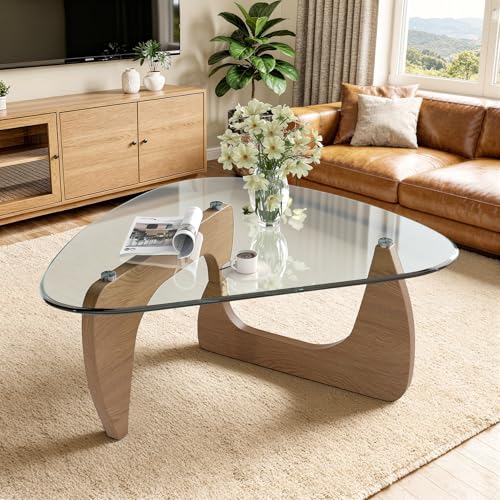 Hawthyhome Beistelltisch Dreieckig, Couchtisch aus Holz&Gehärtetes Glas mit Holzrahmen, Moderner Glas-Kaffeetische Vintage Satztische für Wohnzimmer, Büro Naturholzfarbe
