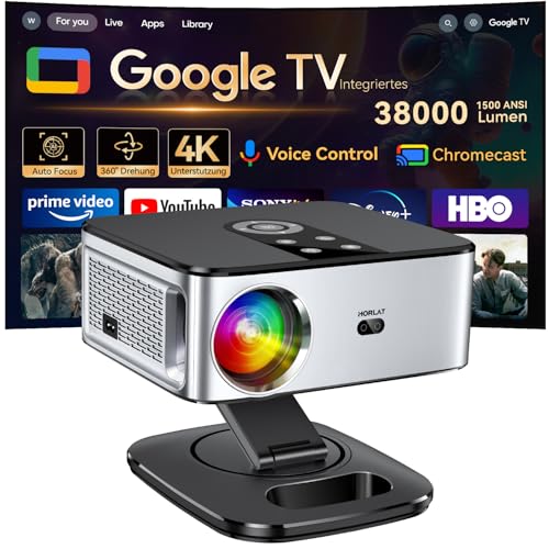 Beamer【1500 ANSI & Google TV】 HORLAT Beamer 4K Heimkino, Full HD 1080P WiFi6 Bluetooth, Autofokus/Trapezkorrektur,Sprachsteuerung, Projektor Mit 360° Drehbarem Ständer