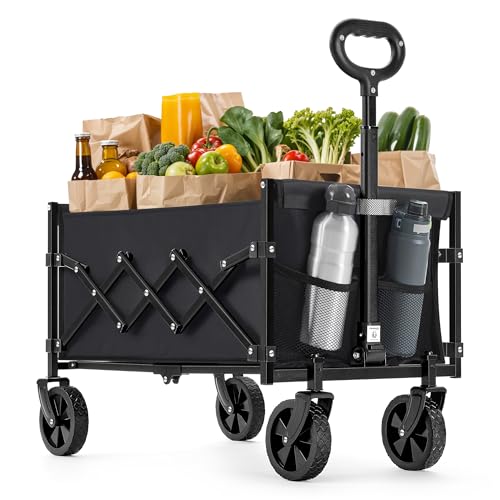 SONGMICS Kleiner Handwagen faltbar, Gartenwagen, kompakt, mit Griff, mit 4 verstärkten Rollen, Davon 2 Universalräder, bis 180 kg belastbar, Outdoor, Garten, 90 L, tintenschwarz GFW909B01