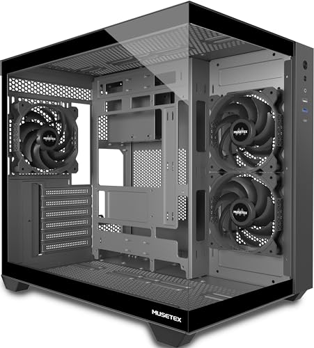MUSETEX PC Gehäuse ATX, 3 Non-LED Lüfter vorinstalliert Gaming PC Gehäuse, 270° Full-View Tempered Glass PC Case mit Type-C, Mid Tower ATX Computer Gehäuse, Schwarz, Y6