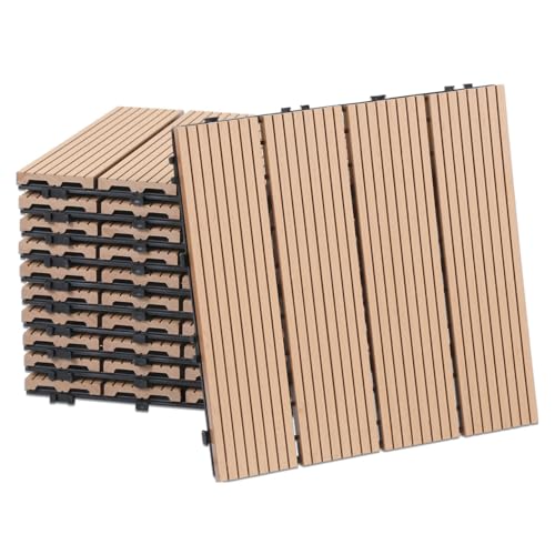 Monucep WPC Terrassenfliesen 30x30 cm, 55 Stück = 5 m² Teakfarbe, Balkon Bodenfliese Gartenfliesen mit Klick-System, Terrassendielen als Balkonfliesen Klickfliesen, wasserfest und rutschfest.