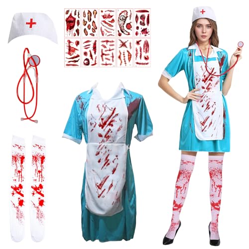 GOUYENG Halloween Kostüm,Krankenschwester Kostüm,Krankenschwester Zombie Set,Kostüm Zombie,Faschingskostüme,für Karneval,Fasching,Mottoparty,Halloween